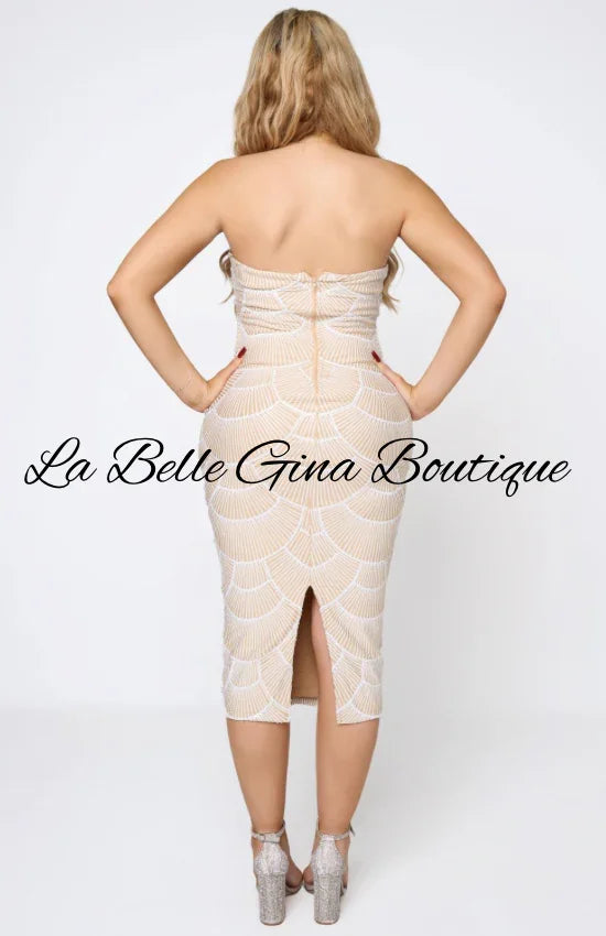 Strapless Pearl Cutout Midi Dress – Black & White Bodycon Cocktail Dress