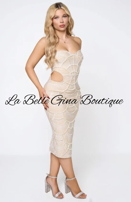 Strapless Pearl Cutout Midi Dress – Black & White Bodycon Cocktail Dress