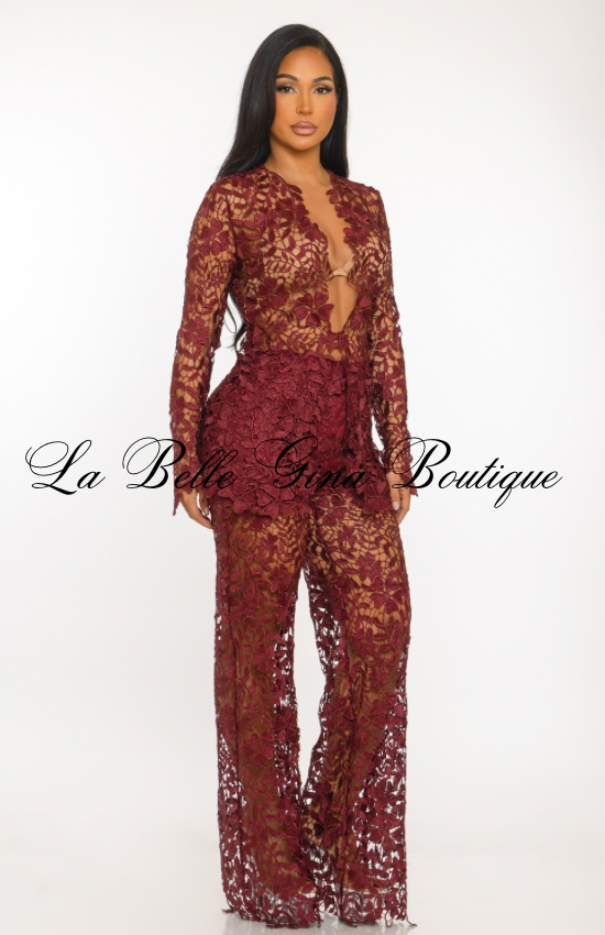 Floral Sheer Lace Jumpsuit Set – Elegant Long Sleeve See-Through Pantsuit | Evening, Birthday & Special Occasion Outfit