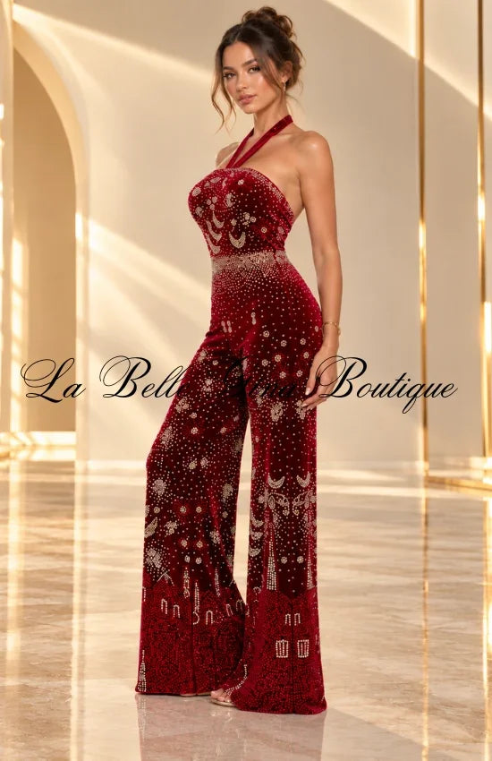 Glamour Queen Rhinestone Halter Jumpsuit – Sparkly Wide-Leg Evening Outfit