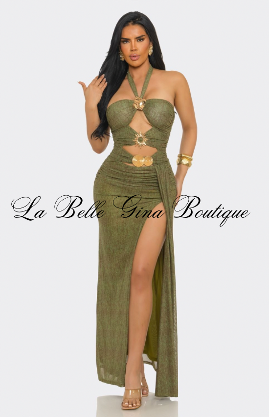 Women’s Ruched Cutout Maxi Dress with Gold Hardware – Strapless Bodycon Evening Gown with High Slit