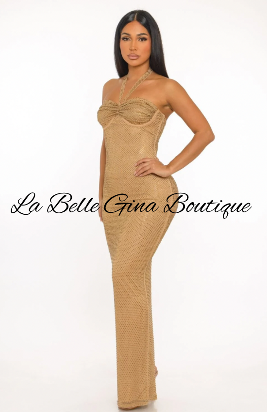 Luxury Sparkle Halter Maxi Gown – Curve Hugging Back Lace-Up Evening Dress | La Belle Gina Boutique