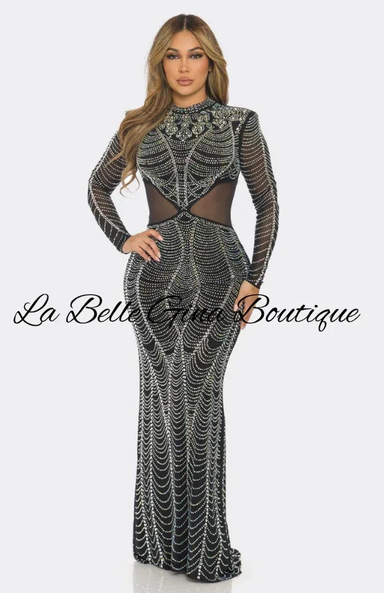 Crystal Rhinestone Mesh | Long Sleeve Dress  La Belle Gina Boutique