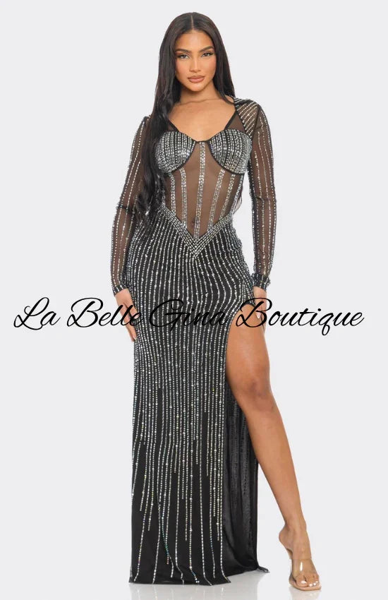 Sheer Rhinestone Corset Gown with High Slit – Long Sleeve Mesh Bodycon Maxi Dress