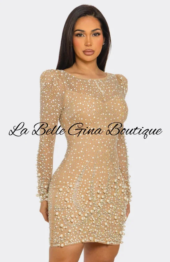 embellished long sleeve mini dress in gold Bodrum Mini Dress