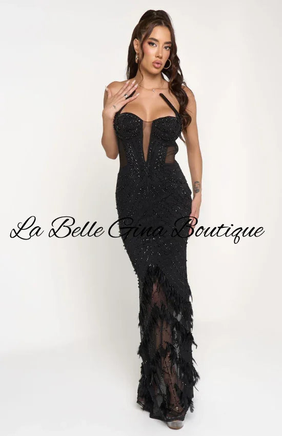 Rhinestone Corset Fringe Maxi Gown