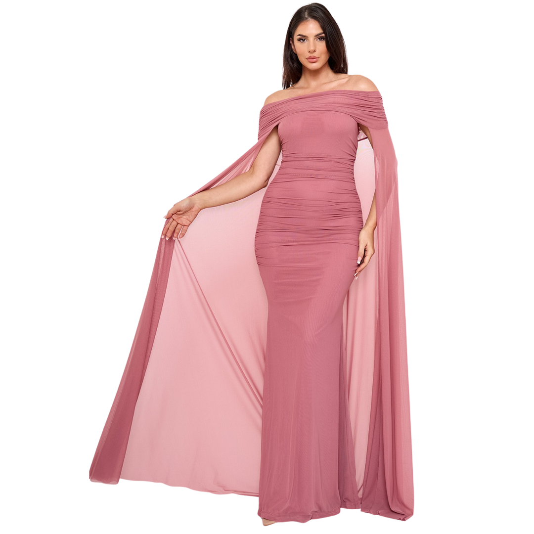 Off Shoulder Ruched Maxi Dress for Women | Elegant Cape Sleeve Evening Gown