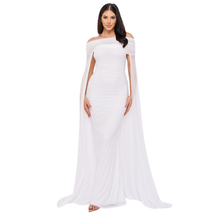 Off Shoulder Ruched Maxi Dress for Women | Elegant Cape Sleeve Evening Gown