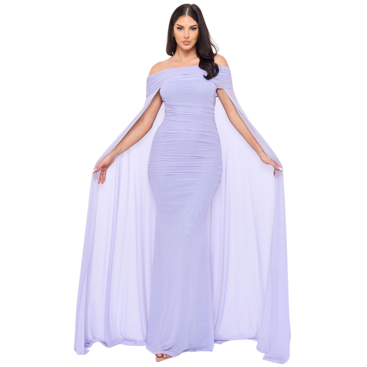 Off Shoulder Ruched Maxi Dress for Women | Elegant Cape Sleeve Evening Gown