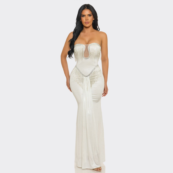 Strapless Rhinestone Fringe Maxi Dress | Elegant Mermaid Evening Gown