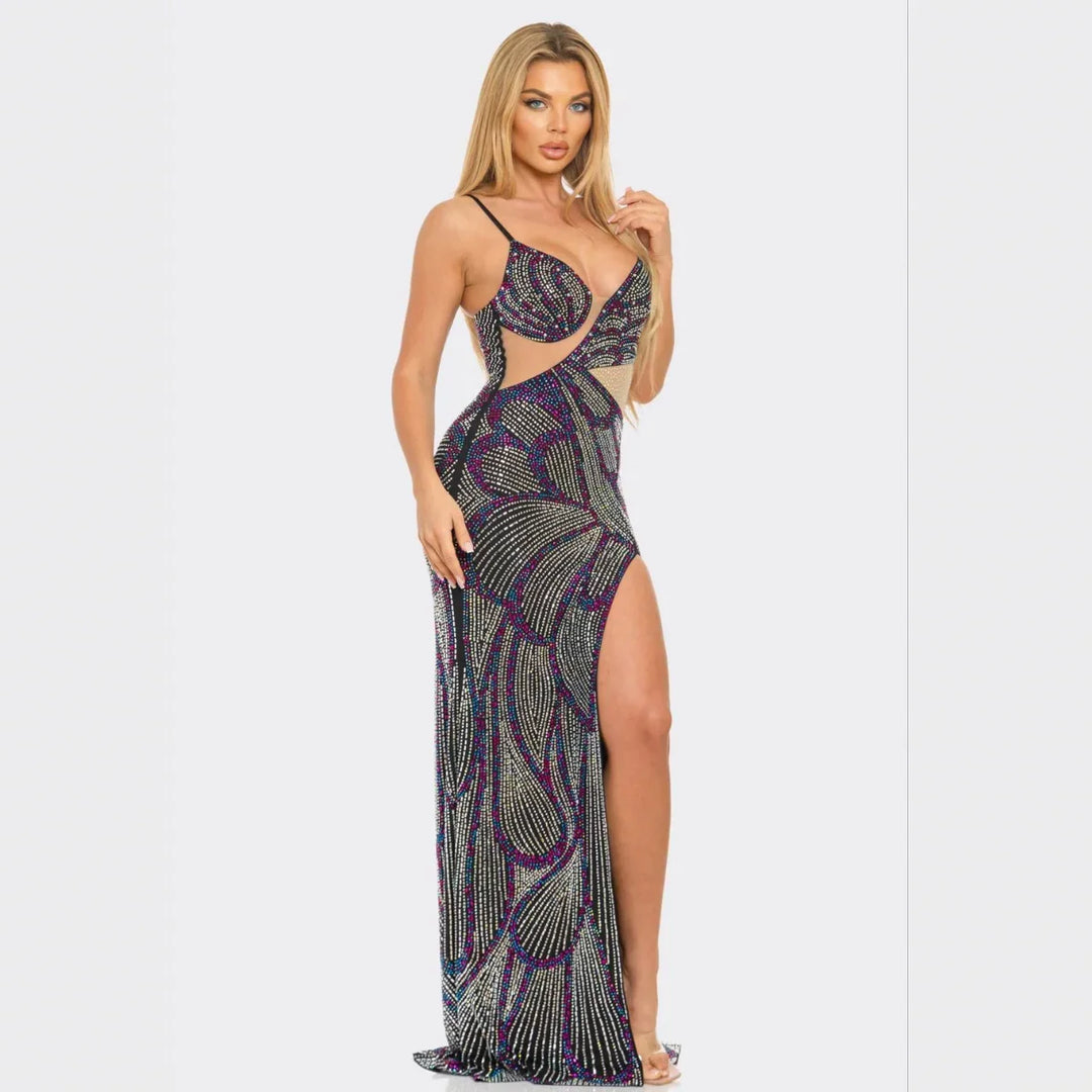 Glam Rhinestone Cutout Gown – Sparkling Evening Dress with High Slit