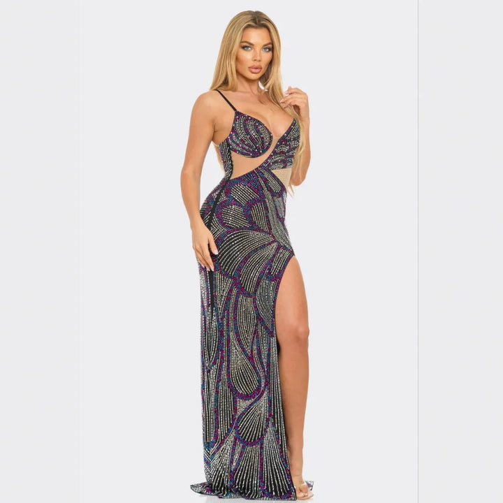 Glam Rhinestone Cutout Gown – Sparkling Evening Dress with High Slit