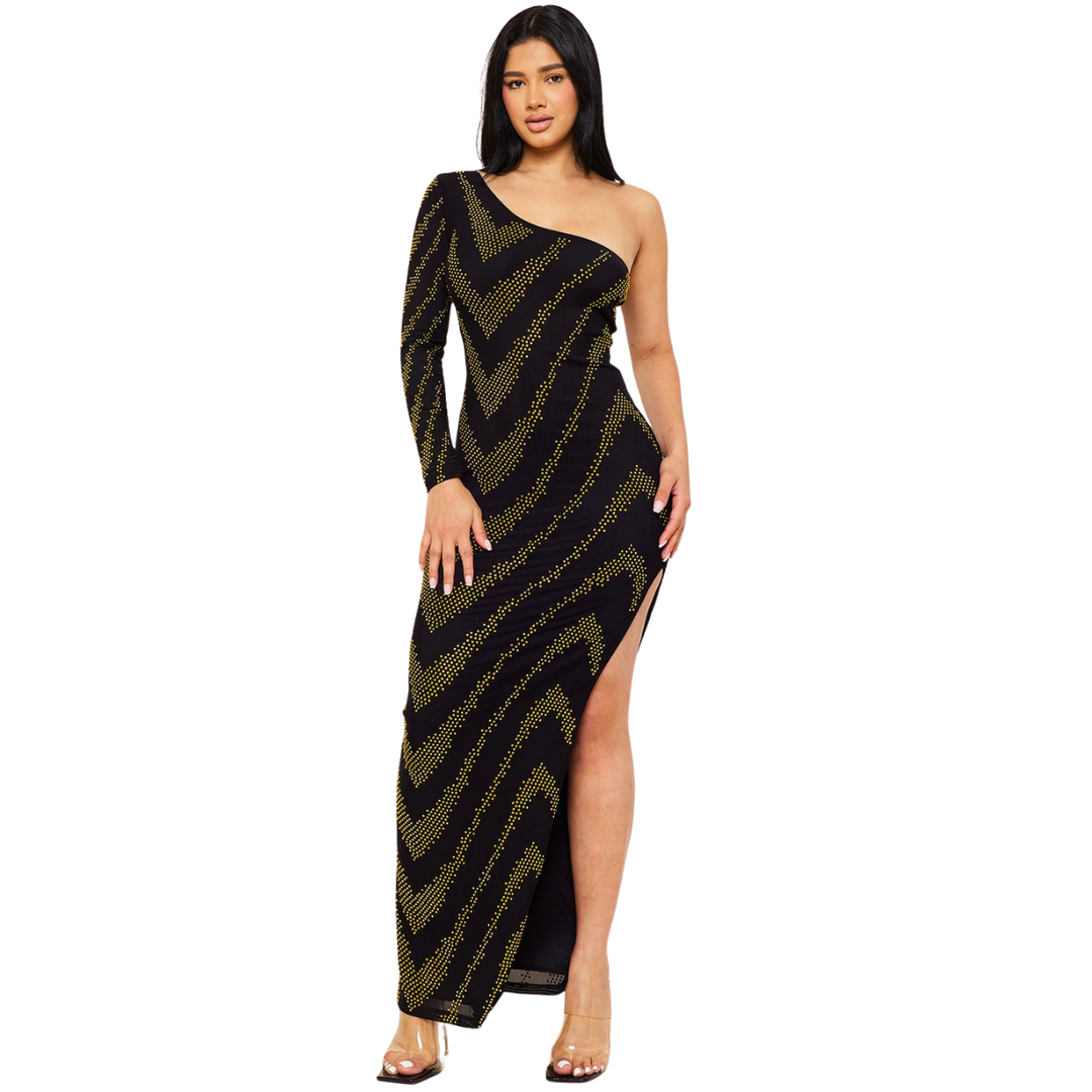 One Shoulder Rhinestone Maxi Dress for Women | Elegant Evening Gown