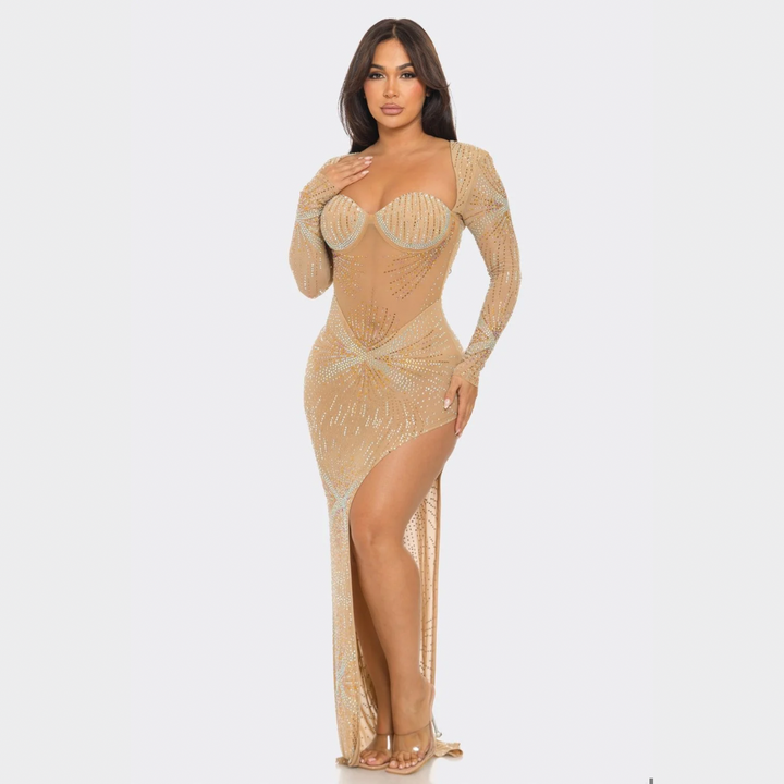 Sparkle Horizon Rhinestone Sheer Maxi Gown – Long Sleeve Cut-Out Slit Dress