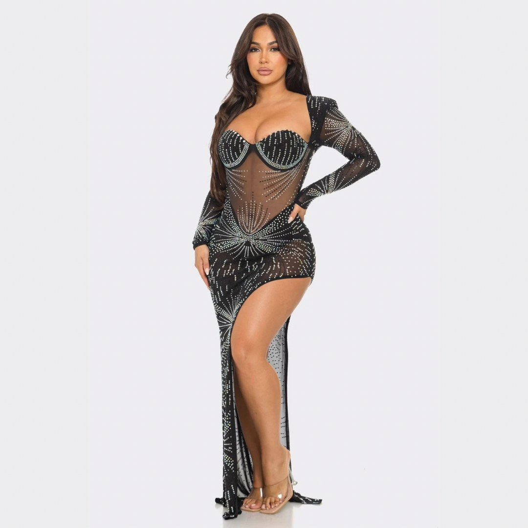 Sparkle Horizon Rhinestone Sheer Maxi Gown – Long Sleeve Cut-Out Slit Dress