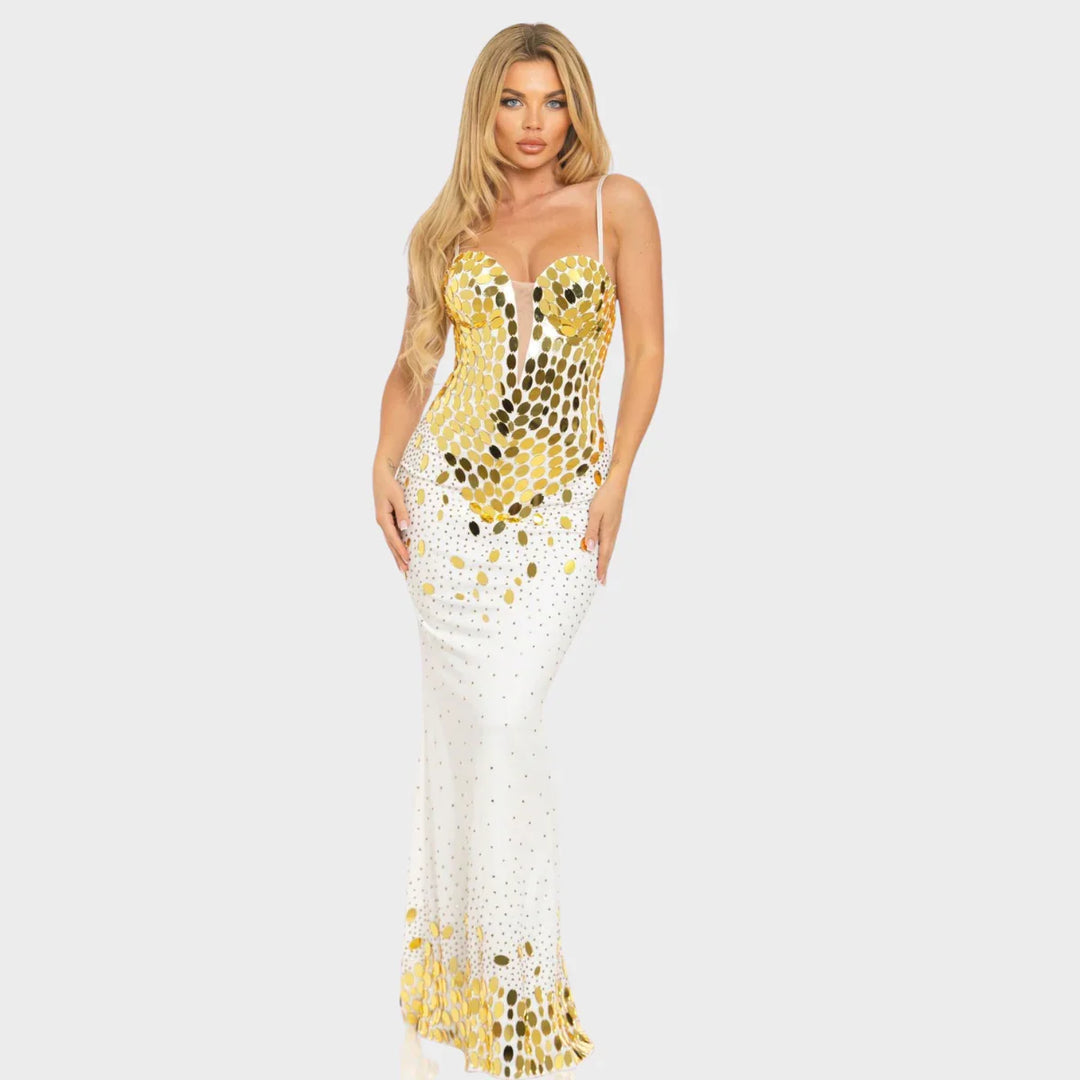 Elegant Gold Mirror Sequin Maxi Dress – White & Black Glam Evening Gown