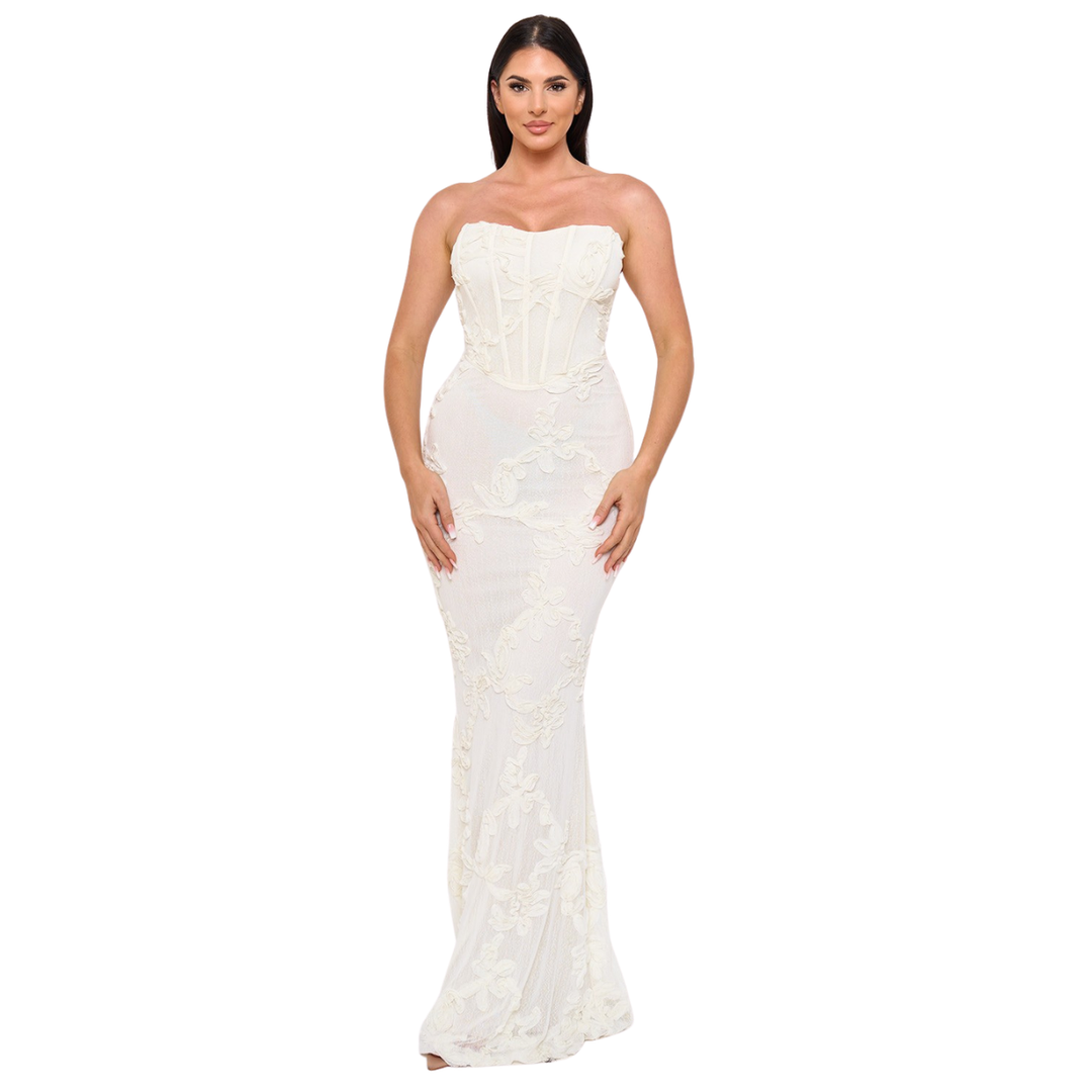 Strapless Floral Mesh Maxi Dress for Women | Elegant Formal Evening Dress