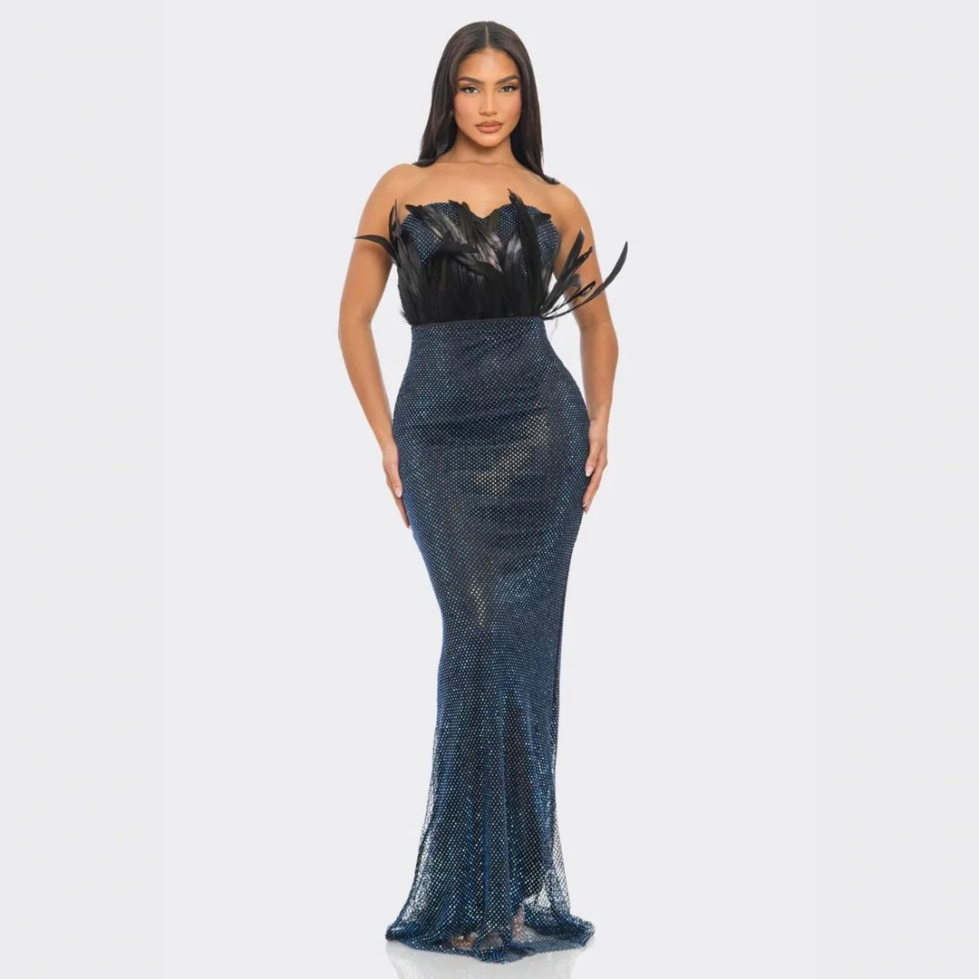 Strapless Blue Rhinestone Feather Mermaid Gown – Elegant Evening & Prom Dress