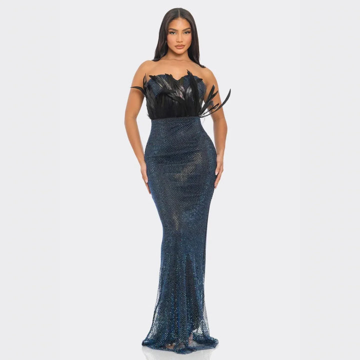 Strapless Blue Rhinestone Feather Mermaid Gown – Elegant Evening & Prom Dress
