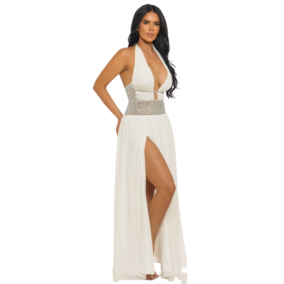 Sexy Halter Maxi Dress with Rhinestone Waist | Elegant Slit Evening Gown
