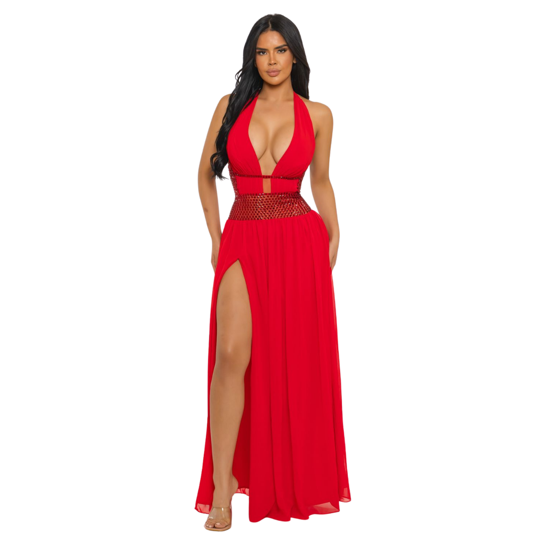Sexy Halter Maxi Dress with Rhinestone Waist | Elegant Slit Evening Gown