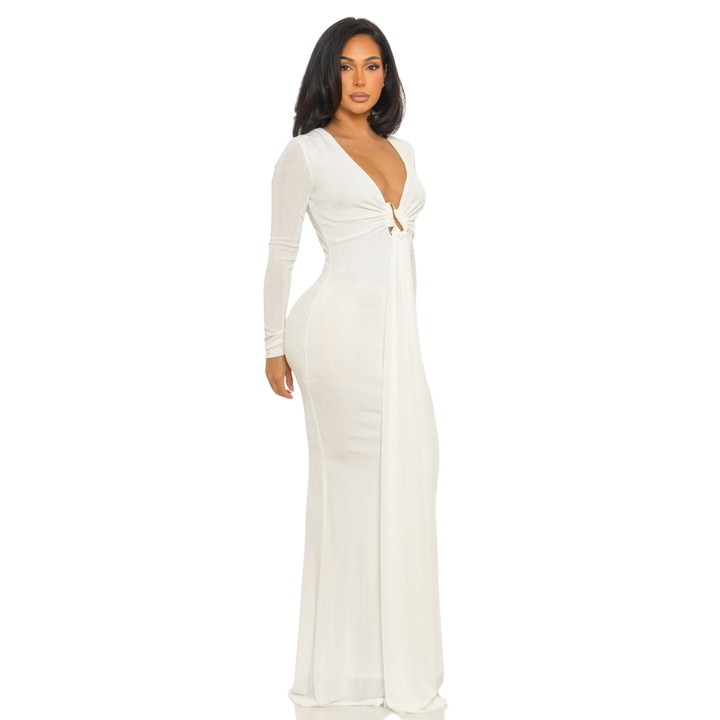 Long Sleeve Deep V Maxi Dress for Women | Elegant Bodycon Evening Gown