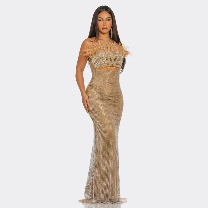 Feather Crystal Embellished Cutout Gown – Luxury Evening Maxi Dress