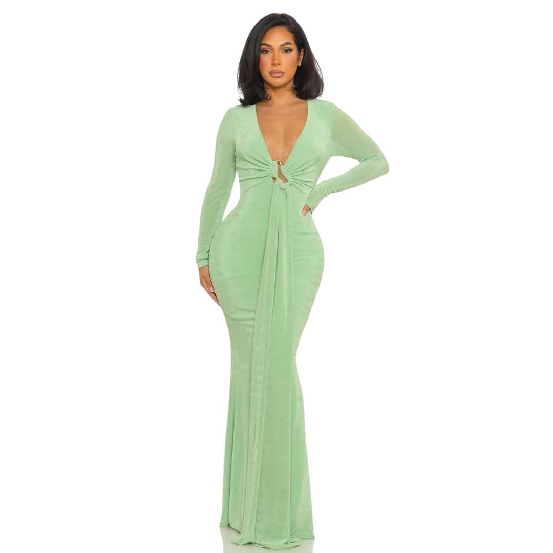 Long Sleeve Deep V Maxi Dress for Women | Elegant Bodycon Evening Gown