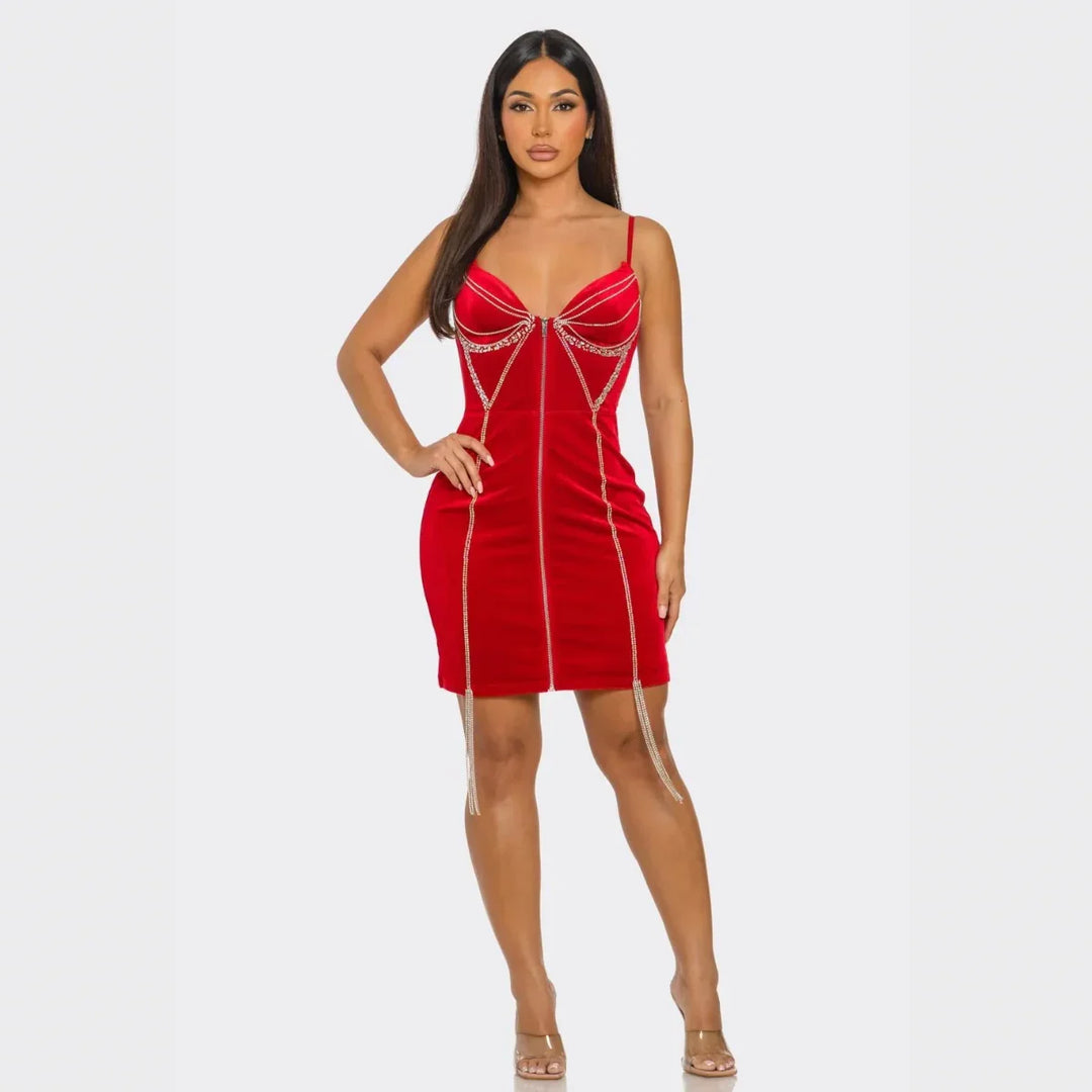 Velvet Rhinestone Bodycon Mini Dress – Red & Black Sparkle Party Dress