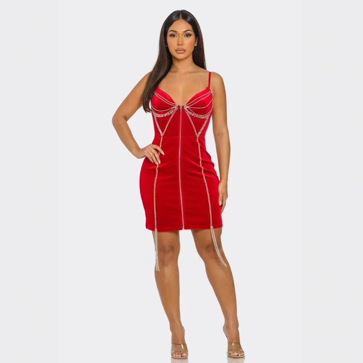 Velvet Rhinestone Bodycon Mini Dress – Red & Black Sparkle Party Dress