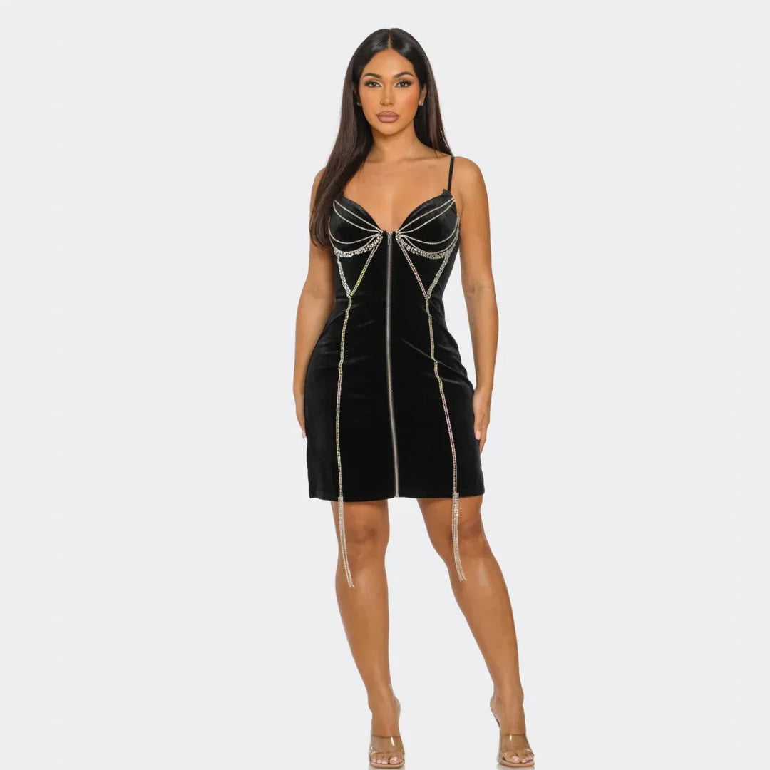 Velvet Rhinestone Bodycon Mini Dress – Red & Black Sparkle Party Dress