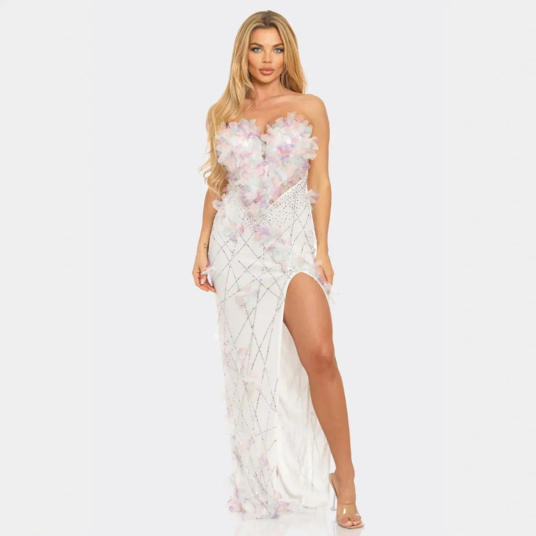 Strapless Floral Applique Evening Gown – Pink & White Luxury Slit Dress