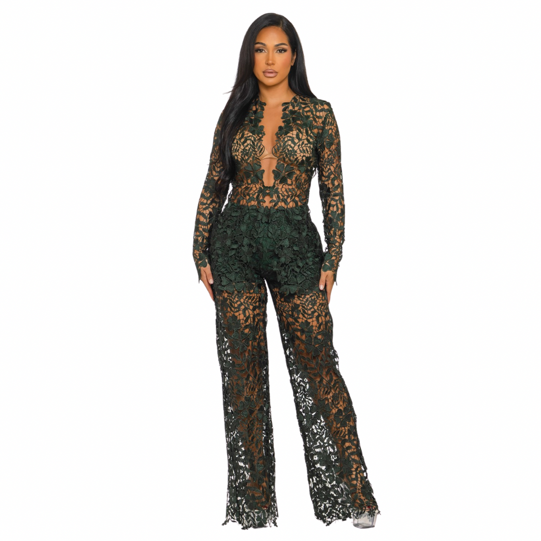 Floral Sheer Lace Jumpsuit Set – Elegant Long Sleeve See-Through Pantsuit | Evening, Birthday & Special Occasion Outfit