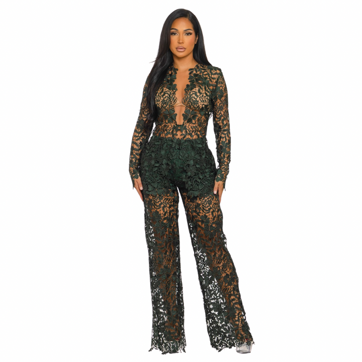 Floral Sheer Lace Jumpsuit Set – Elegant Long Sleeve See-Through Pantsuit | Evening, Birthday & Special Occasion Outfit