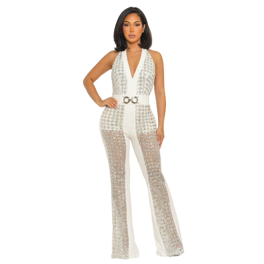 Rhinestone Halter Jumpsuit for Women | Elegant Backless Party Jumpsuit