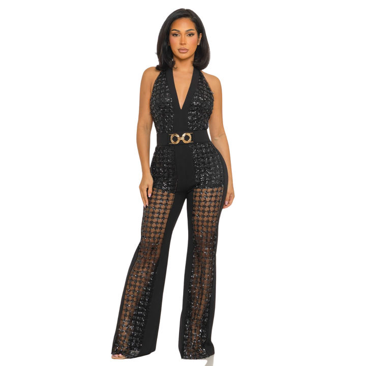 Rhinestone Halter Jumpsuit for Women | Elegant Backless Party Jumpsuit