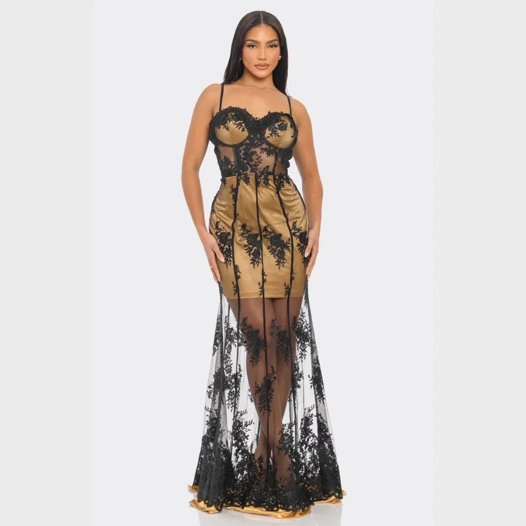 Gold Satin & Black Lace Sheer Gown – Luxury Evening Maxi Dress