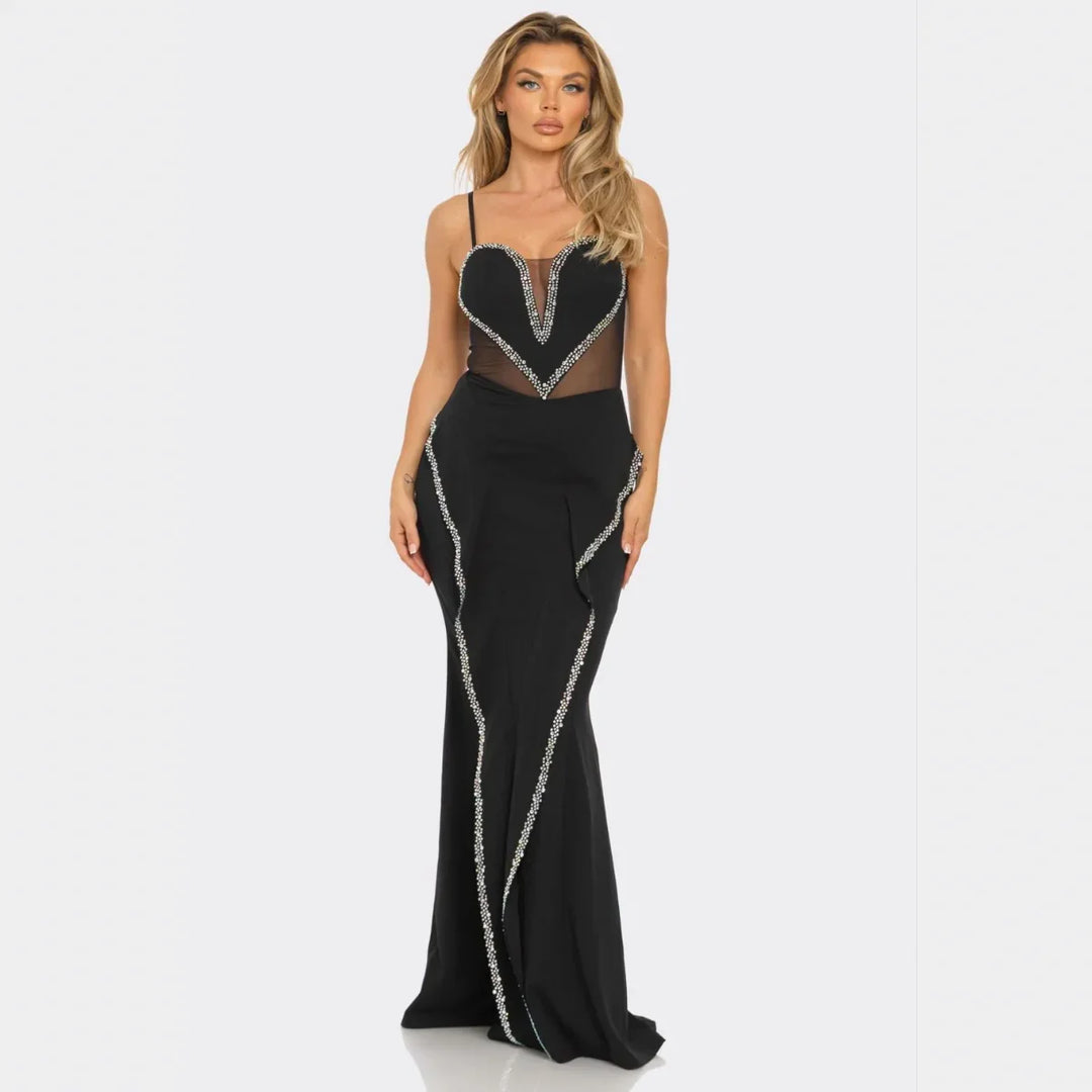 Elegant Black & White Crystal Embellished Sheer Cutout Gown – Luxury Evening Dress