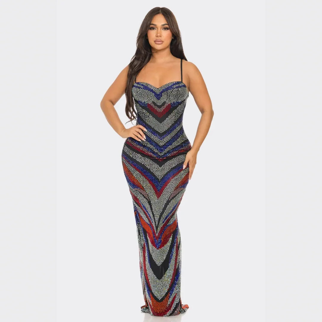 Multi-Color Rhinestone Maxi Gown – Strappy Bodycon Evening Dress