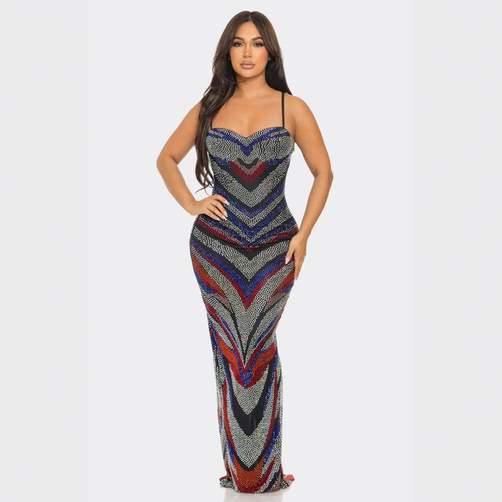 Multi-Color Rhinestone Maxi Gown – Strappy Bodycon Evening Dress