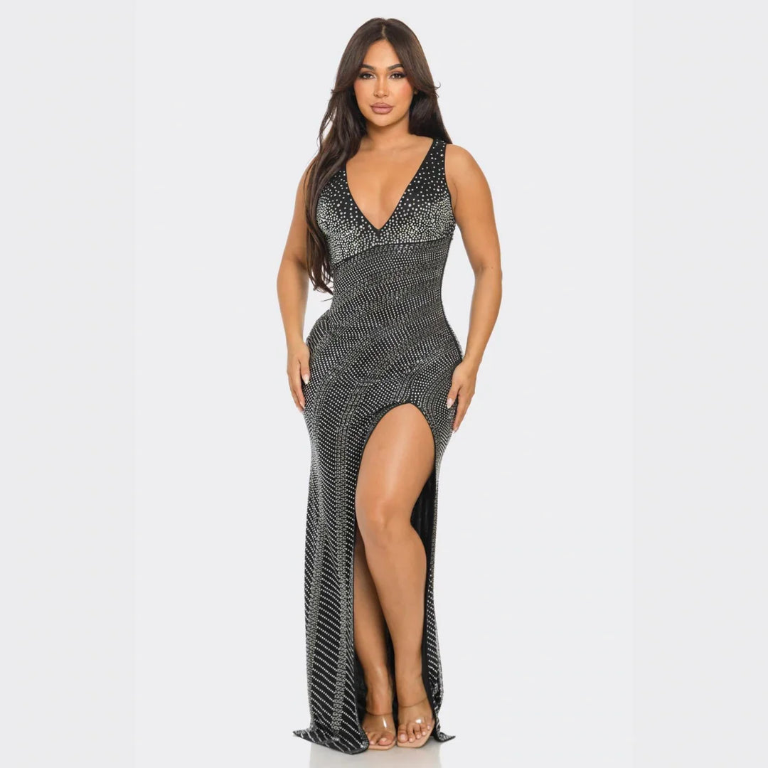 Black Sequin Slit Evening Gown – Luxury V-Neck Bodycon Maxi Dress
