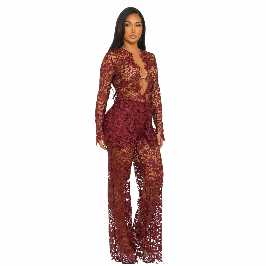 Floral Sheer Lace Jumpsuit Set – Elegant Long Sleeve See-Through Pantsuit | Evening, Birthday & Special Occasion Outfit
