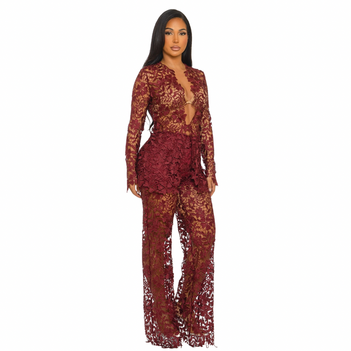 Floral Sheer Lace Jumpsuit Set – Elegant Long Sleeve See-Through Pantsuit | Evening, Birthday & Special Occasion Outfit