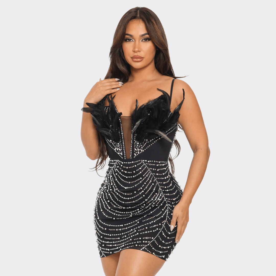 Feather Rhinestone/Pearl Bodycon Mini Dress La Belle Gina Boutique Feather Rhinestone/Pearl Bodycon Mini Dress La Belle Gina Boutique
