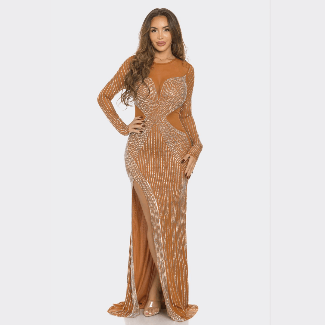 Claudia Rhinestone Mesh Long Sleeve Maxi Dress Brown / S Claudia Rhinestone Mesh Long Sleeve Maxi Dress Brown / S