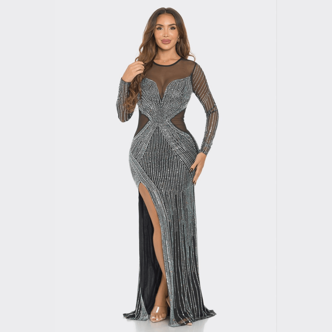 long-sleeve rhinestone mesh maxi dress Rhinestone Mesh Long Sleeve Maxi Dress bebe