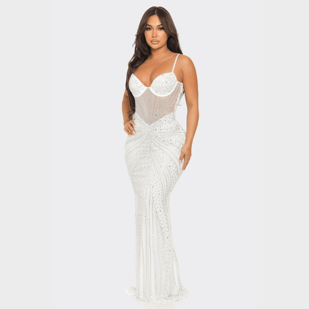 embellished mesh maxi dress Crystal-embellished mesh maxi dress with voluminous shoulders Color: Black RASARIO Online Boutique 34 (FR) / Black