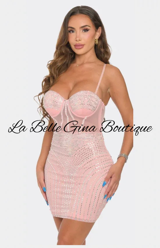 Pink Rhinestone Corset Mini Dress – Sparkly Bodycon Party Dress