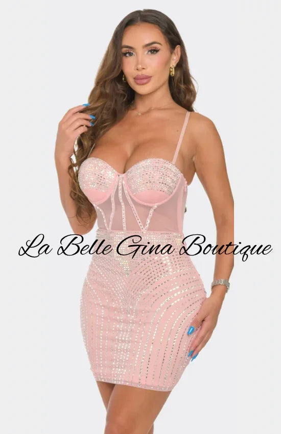 Pink Rhinestone Corset Mini Dress – Sparkly Bodycon Party Dress