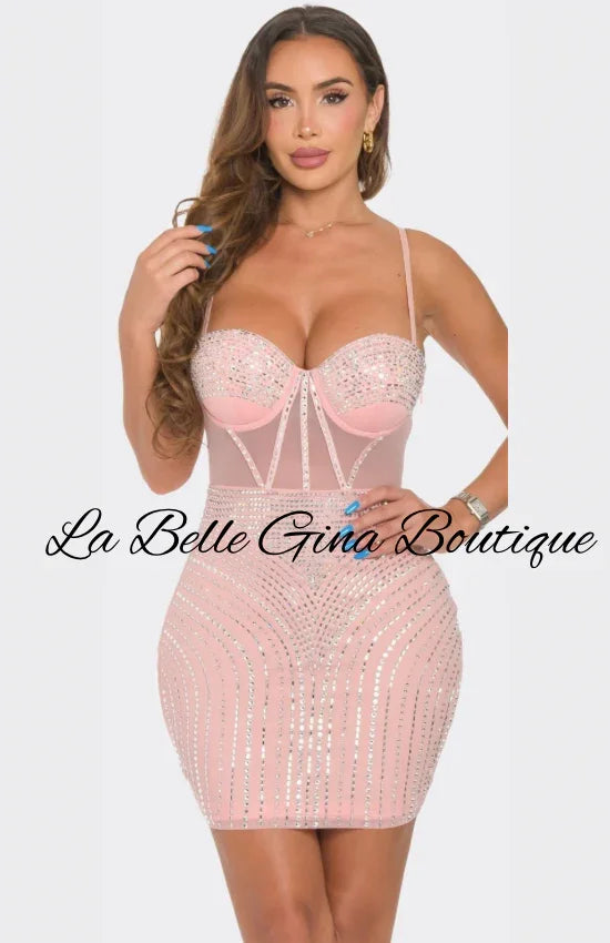 Pink Rhinestone Corset Mini Dress – Sparkly Bodycon Party Dress